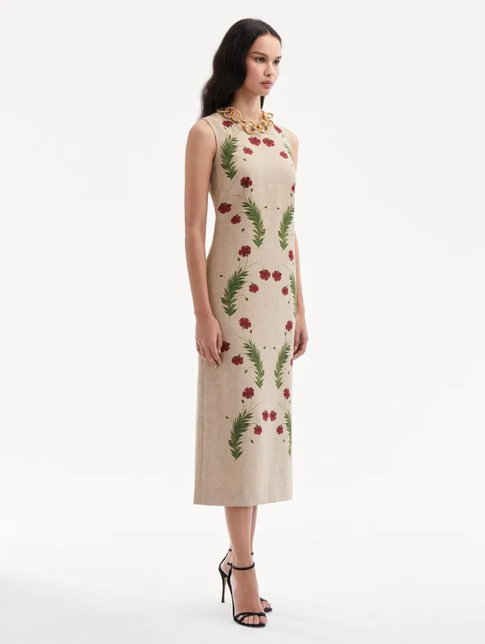 Marbled Carnation Canvas Pencil Dress Linen Red Women Oscar De La Renta Dresses Marbled Carnation Canvas Pencil Dress Linen Red Women Oscar De La Renta Dresses