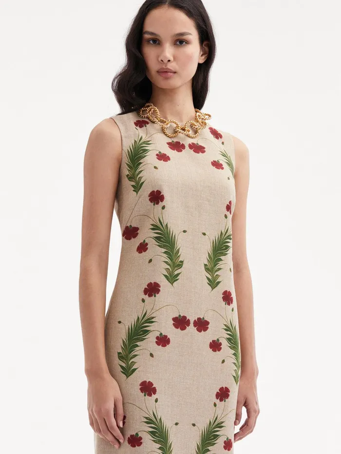 Marbled Carnation Canvas Pencil Dress Linen Red Women Oscar De La Renta Dresses Marbled Carnation Canvas Pencil Dress Linen Red Women Oscar De La Renta Dresses