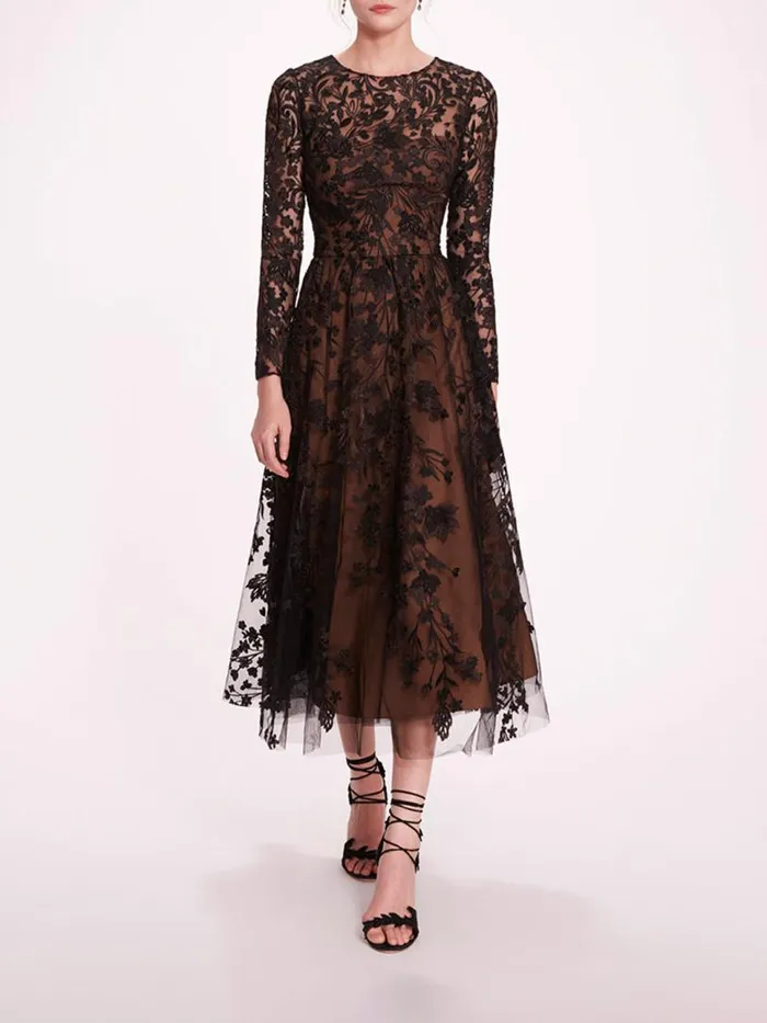 Marchesa Marchesa Notte Long Sleeve Tulle Midi Dress Black 8211 Women