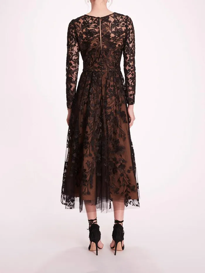 Marchesa Marchesa Notte Long Sleeve Tulle Midi Dress Black 8211 Women