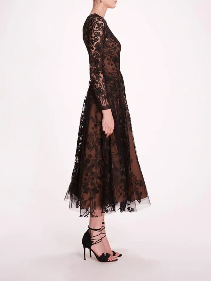 Marchesa Marchesa Notte Long Sleeve Tulle Midi Dress Black 8211 Women