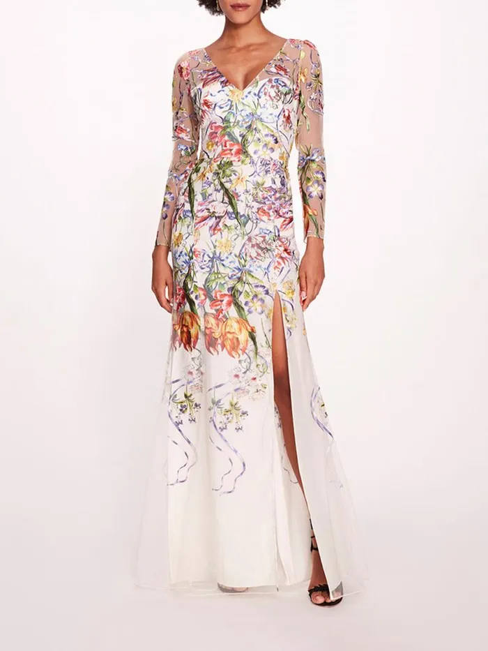 Marchesa Marchesa Notte Ribbons Long Sleeve Gown Ivory Multi 8211 Women