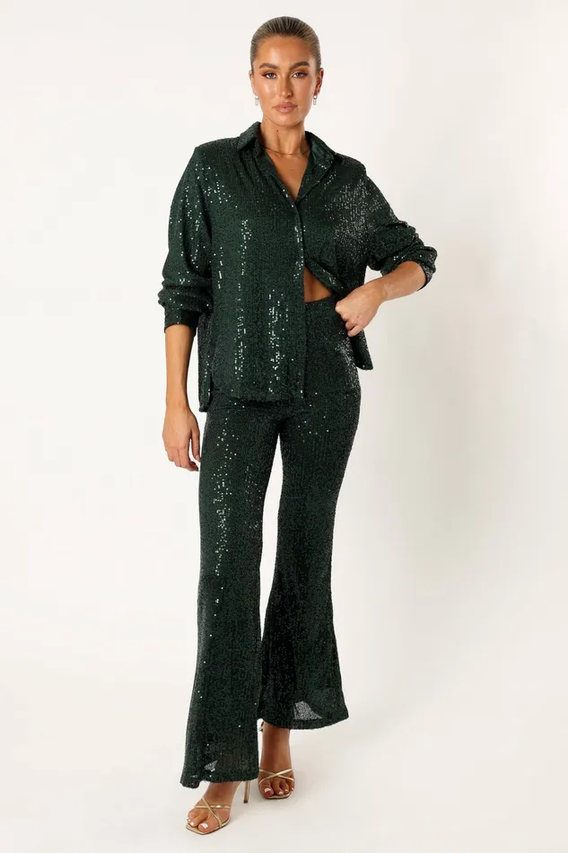 Matching Sets Darcy Sequin Two Piece Pant Set Hunter Green 8211 Petal and Pup Women