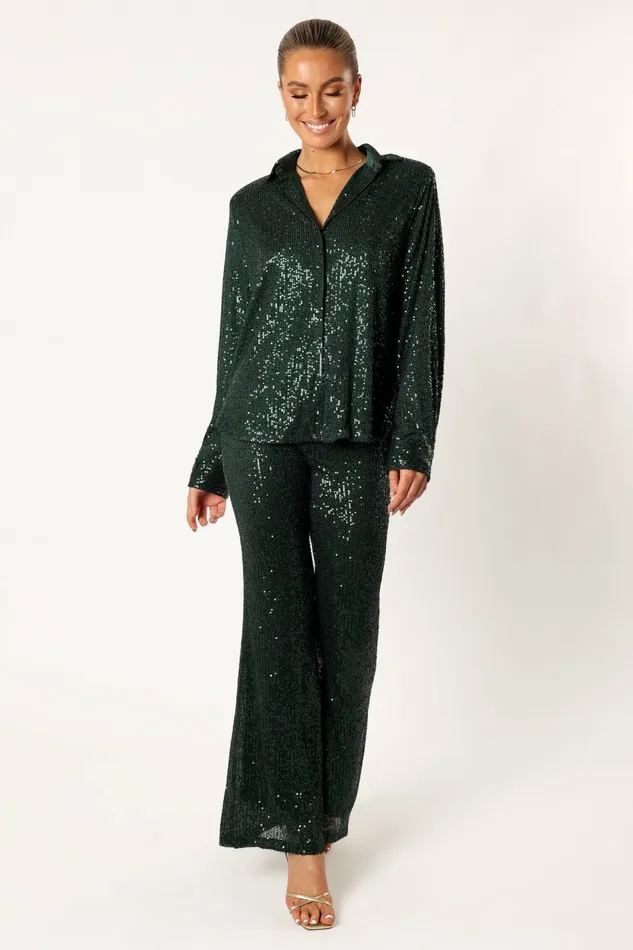 Matching Sets Darcy Sequin Two Piece Pant Set Hunter Green 8211 Petal and Pup Women