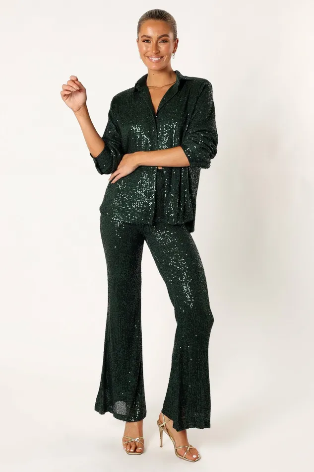 Matching Sets Darcy Sequin Two Piece Pant Set Hunter Green 8211 Petal and Pup Women