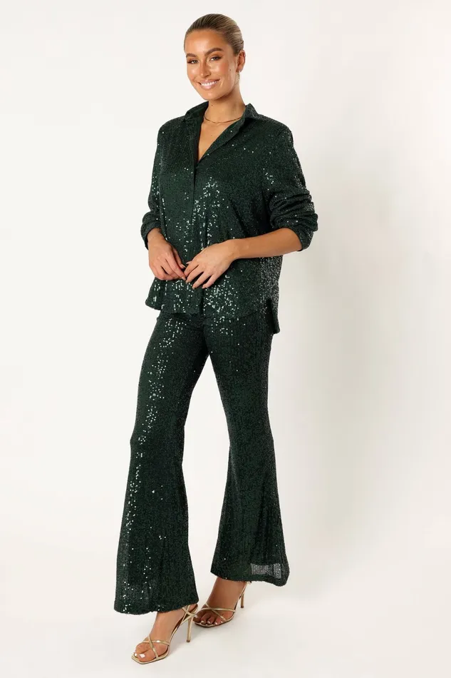 Matching Sets Darcy Sequin Two Piece Pant Set Hunter Green 8211 Petal and Pup Women