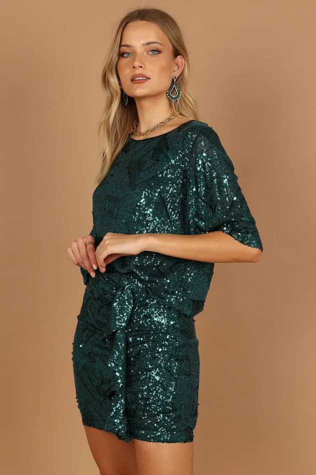 Matching Sets Lana Sequin Mini Skirt Hunter Green 8211 Petal and Pup Women