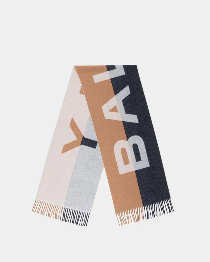 Men Bally Scarves Scarf With Logo In Brown And Navy Blue Cashmere Blend Multicolor Men Bally Scarves Scarf With Logo In Brown And Navy Blue Cashmere Blend Multicolor
