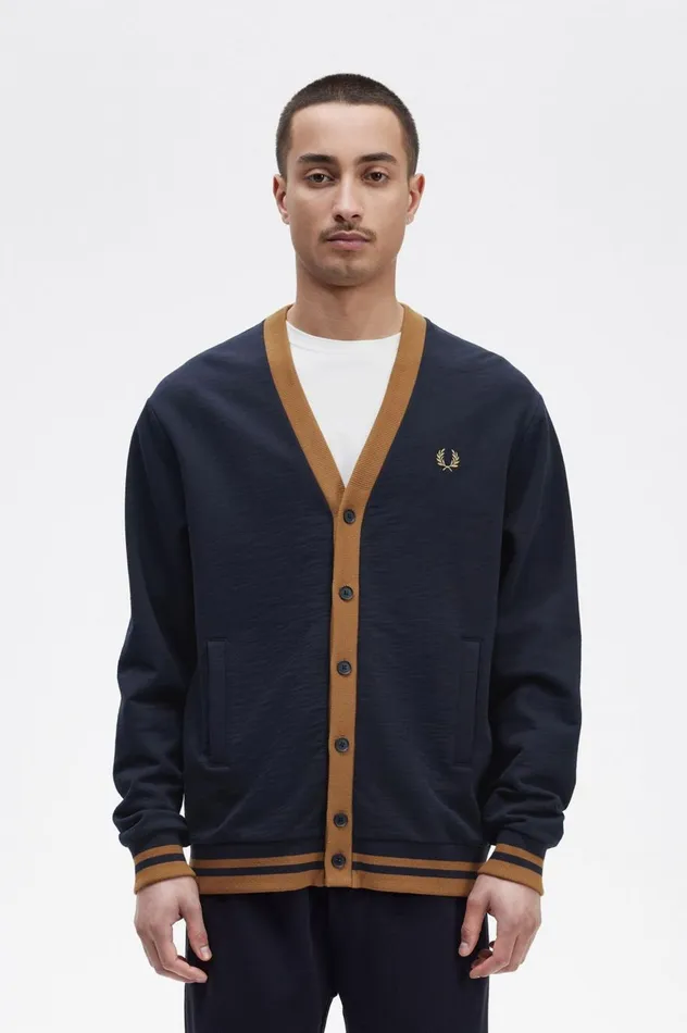 Men Button Through Sweatshirt Navy Fred Perry Sweatshirts