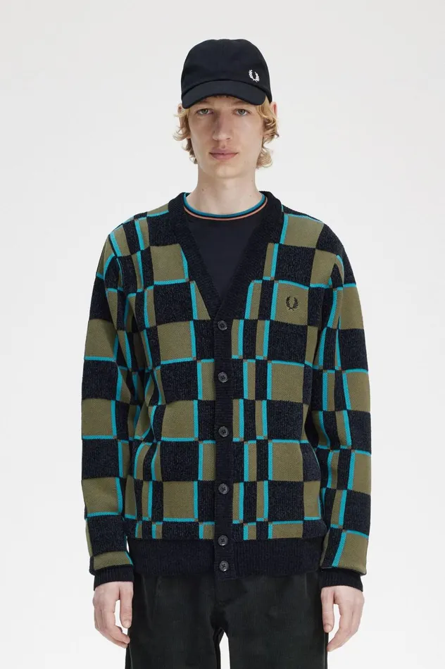 Men Glitch Chequerboard Cardigan Uniform Greenblack Fred Perry Knitwear
