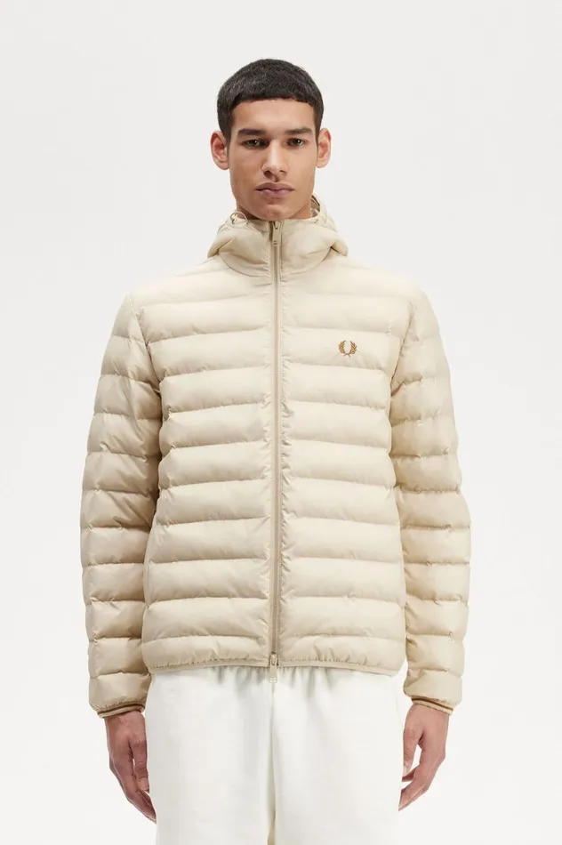 Men Hooded Insulated Jacket Oatmeal Fred Perry Coats and Jackets