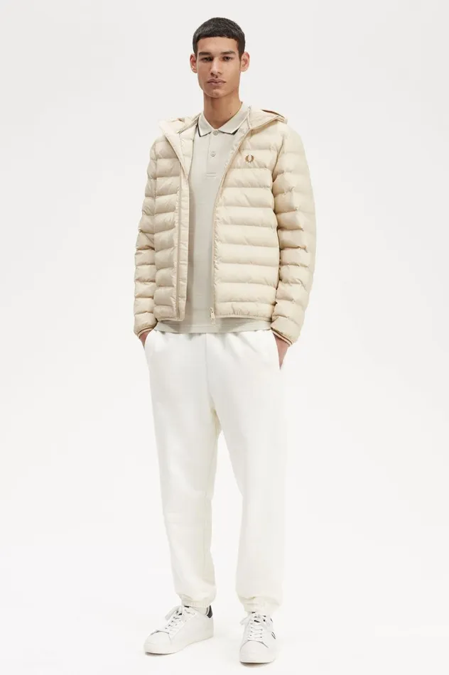 Men Hooded Insulated Jacket Oatmeal Fred Perry Coats and Jackets