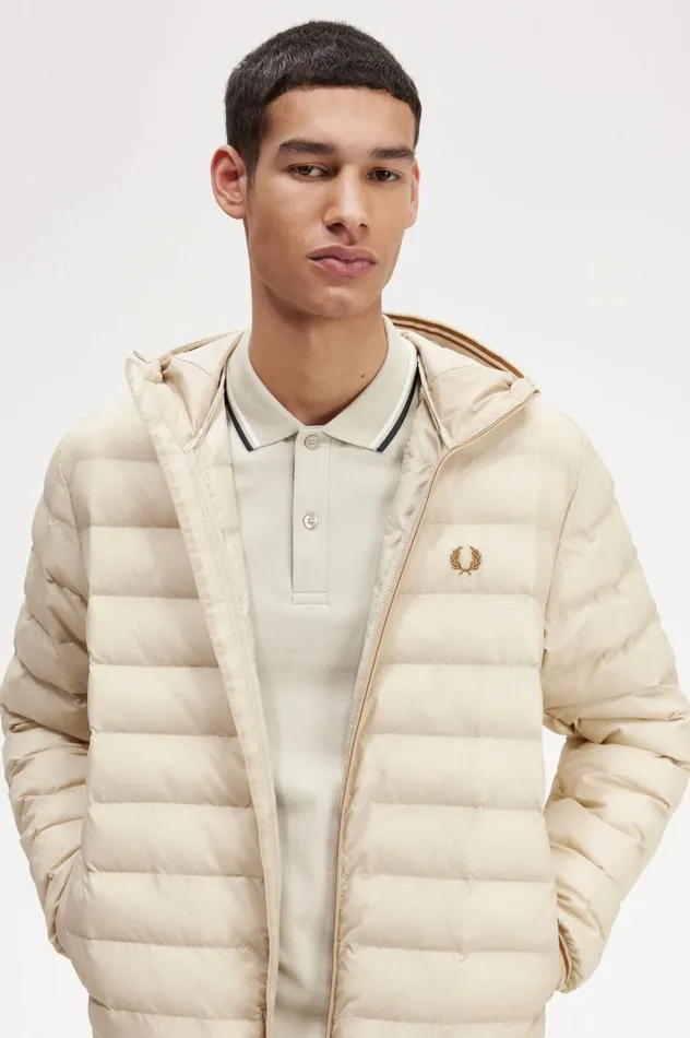 Men Hooded Insulated Jacket Oatmeal Fred Perry Coats and Jackets