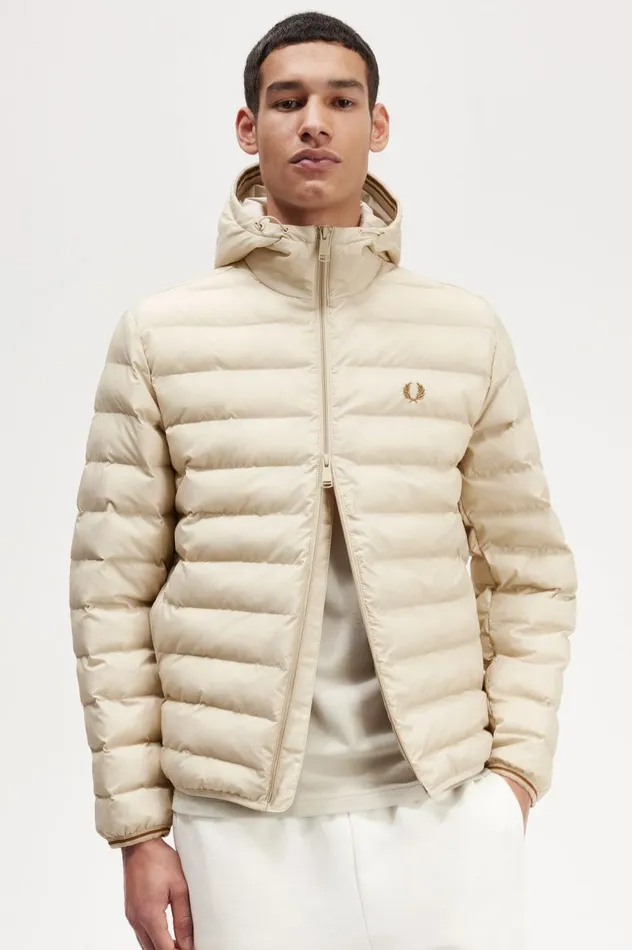 Men Hooded Insulated Jacket Oatmeal Fred Perry Coats and Jackets