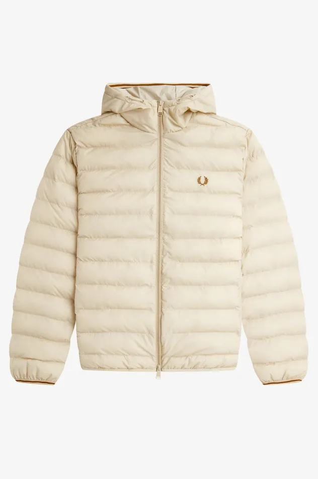 Men Hooded Insulated Jacket Oatmeal Fred Perry Coats and Jackets
