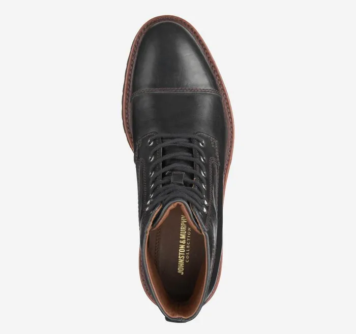 Men Johnston and Murphy Boots Dudley Lug Cap Toe Boot Black Full Grain