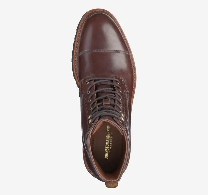 Men Johnston and Murphy Boots Dudley Lug Cap Toe Boot Dark Brown Full Grain