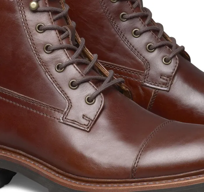 Men Johnston and Murphy Boots Dudley Lug Cap Toe Boot Dark Brown Full Grain