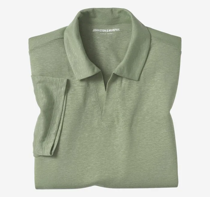 Men Johnston and Murphy Polos and Tees LinenBlend VNeck Polo Green
