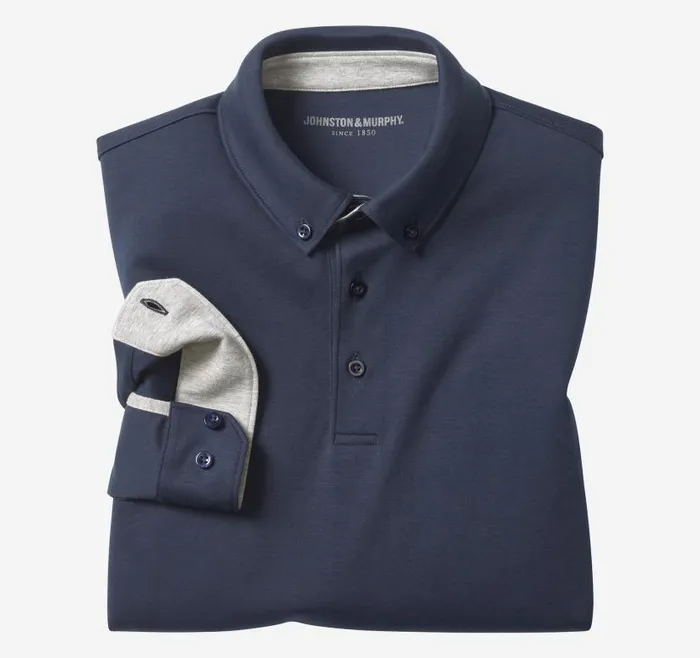 Men Johnston and Murphy Polos and Tees Liquid Cotton LongSleeve Polo Navy