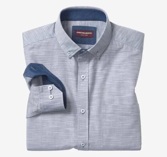 Men Johnston and Murphy Shirts LongSleeve Twill Checked Shirt Bluegray Striated Oxford Men Johnston and Murphy Shirts LongSleeve Twill Checked Shirt Bluegray Striated Oxford