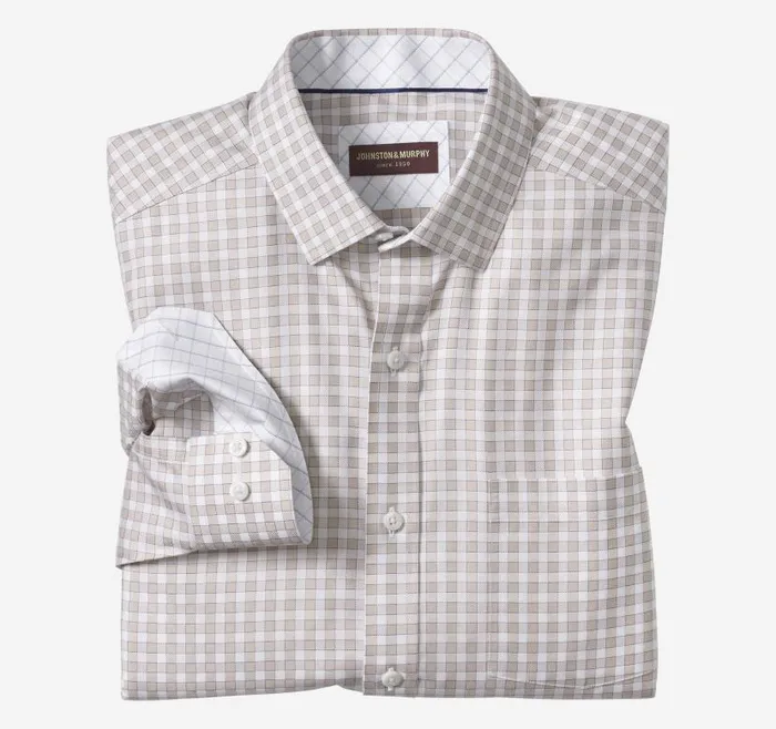 Men Johnston and Murphy Shirts NonIron Dress Shirt Tan Twill Gingham