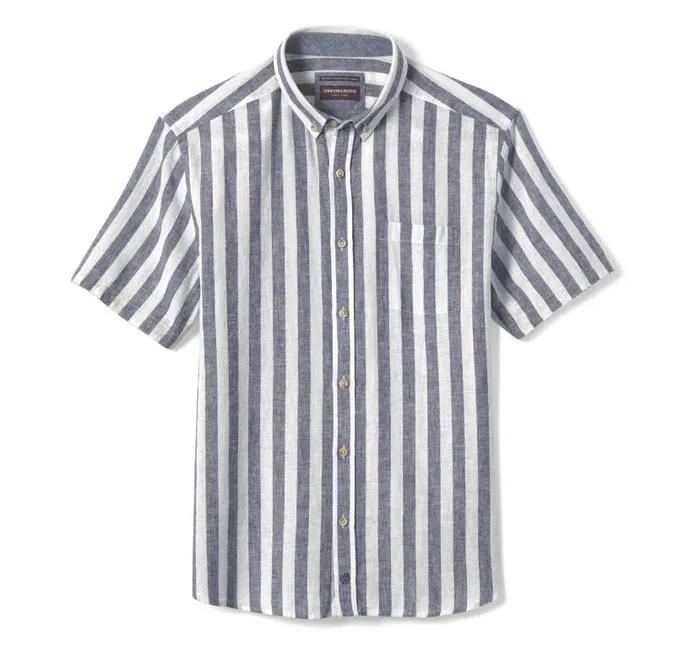 Men Johnston and Murphy ShortSleeve Shirts Stripe LinenBlend Shirt Navy Stripe