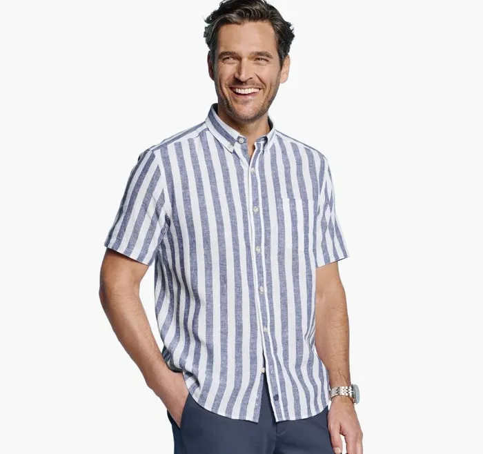 Men Johnston and Murphy ShortSleeve Shirts Stripe LinenBlend Shirt Navy Stripe