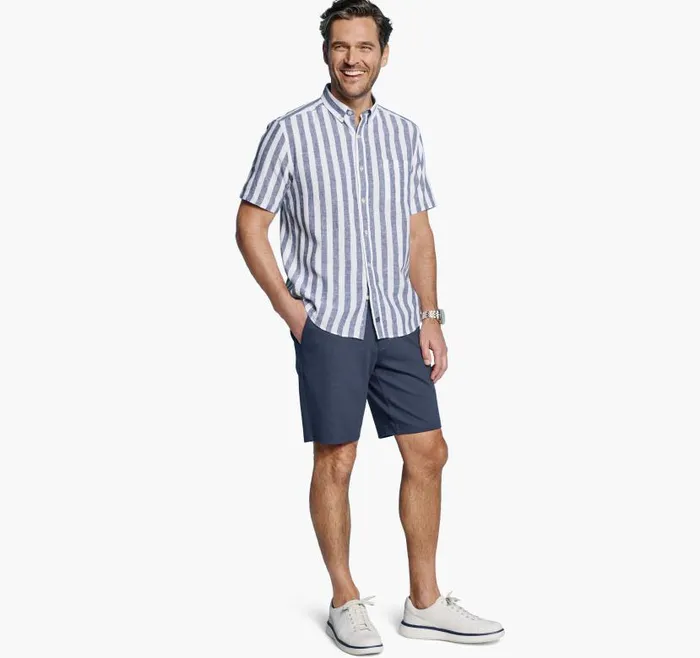 Men Johnston and Murphy ShortSleeve Shirts Stripe LinenBlend Shirt Navy Stripe