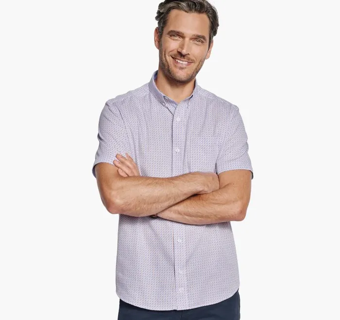 Men Johnston and Murphy ShortSleeve Shirts Textured Cotton ShortSleeve Shirt Orange Triangle Dot