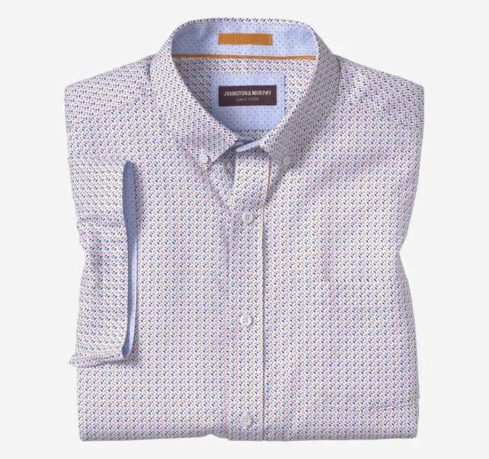 Men Johnston and Murphy ShortSleeve Shirts Textured Cotton ShortSleeve Shirt Orange Triangle Dot Men Johnston and Murphy ShortSleeve Shirts Textured Cotton ShortSleeve Shirt Orange Triangle Dot