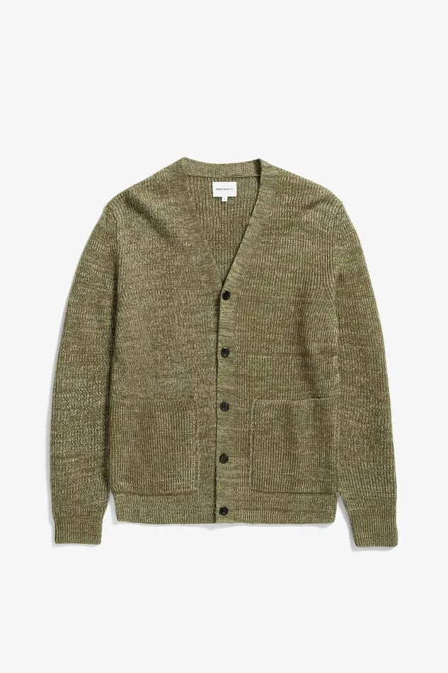 Men Loki Wool Cotton Rib Cardigan Sitka Green Norse Projects Knitwear