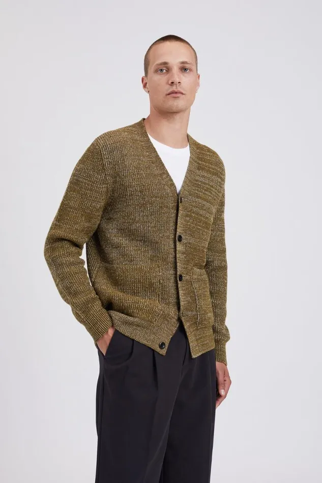Men Loki Wool Cotton Rib Cardigan Sitka Green Norse Projects Knitwear