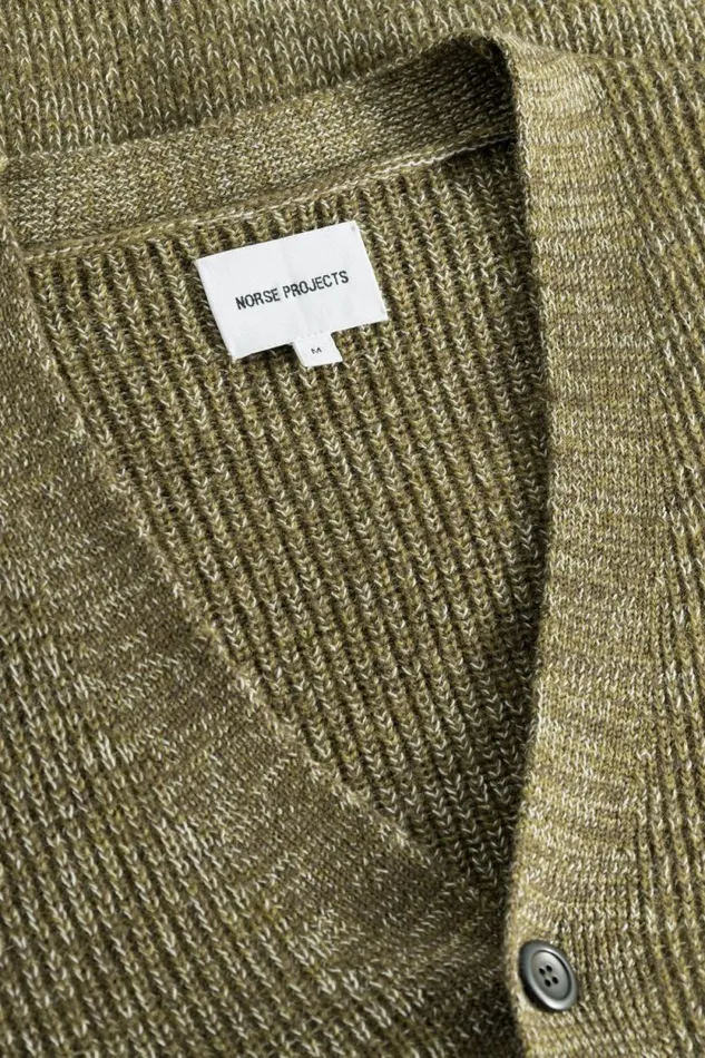 Men Loki Wool Cotton Rib Cardigan Sitka Green Norse Projects Knitwear