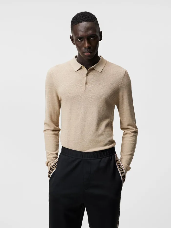 Men Rowan Mesh Knit LS Polo Safari Beige JLindeberg Knitwear