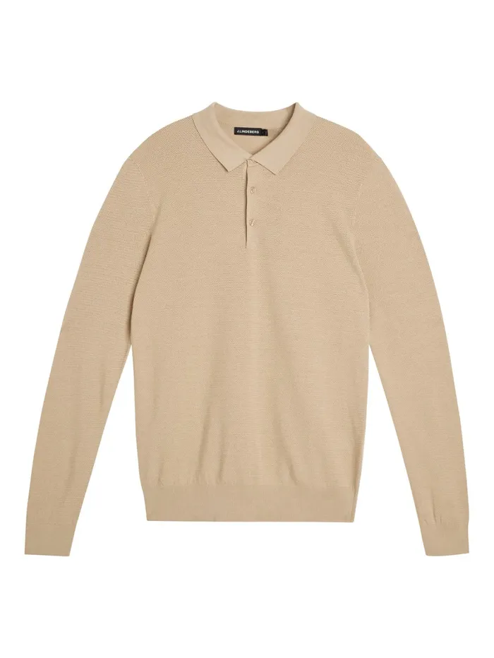 Men Rowan Mesh Knit LS Polo Safari Beige JLindeberg Knitwear Men Rowan Mesh Knit LS Polo Safari Beige JLindeberg Knitwear