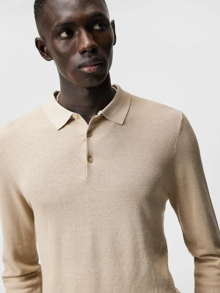 Men Rowan Mesh Knit LS Polo Safari Beige JLindeberg Knitwear Men Rowan Mesh Knit LS Polo Safari Beige JLindeberg Knitwear