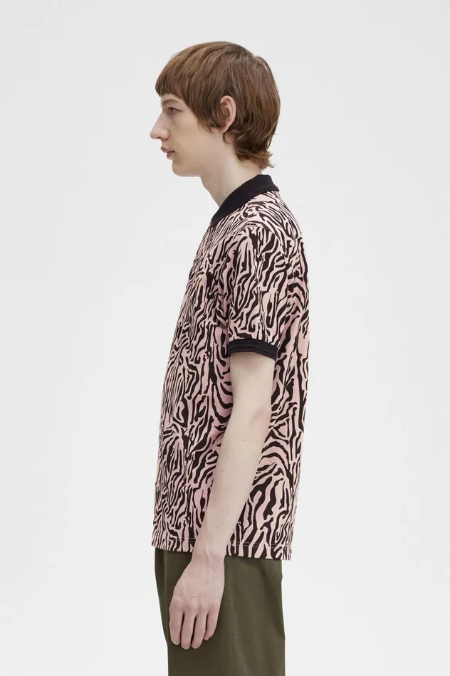 Men Zebra Print Shirt Dusty Rose Pink Fred Perry Polo Shirts