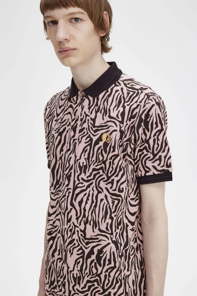Men Zebra Print Shirt Dusty Rose Pink Fred Perry Polo Shirts
