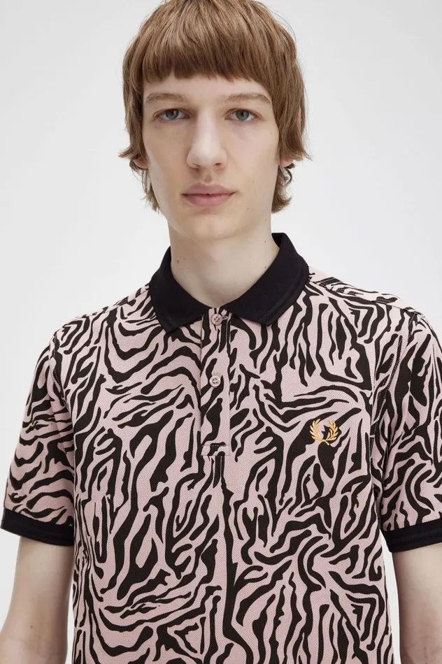 Men Zebra Print Shirt Dusty Rose Pink Fred Perry Polo Shirts