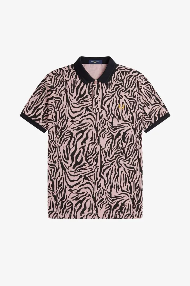 Men Zebra Print Shirt Dusty Rose Pink Fred Perry Polo Shirts