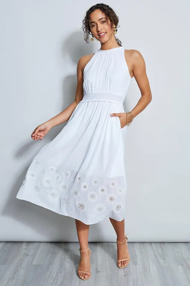 Midi Dresses Women Elie Tahari Embroidered Hem Midi Dress WHITE