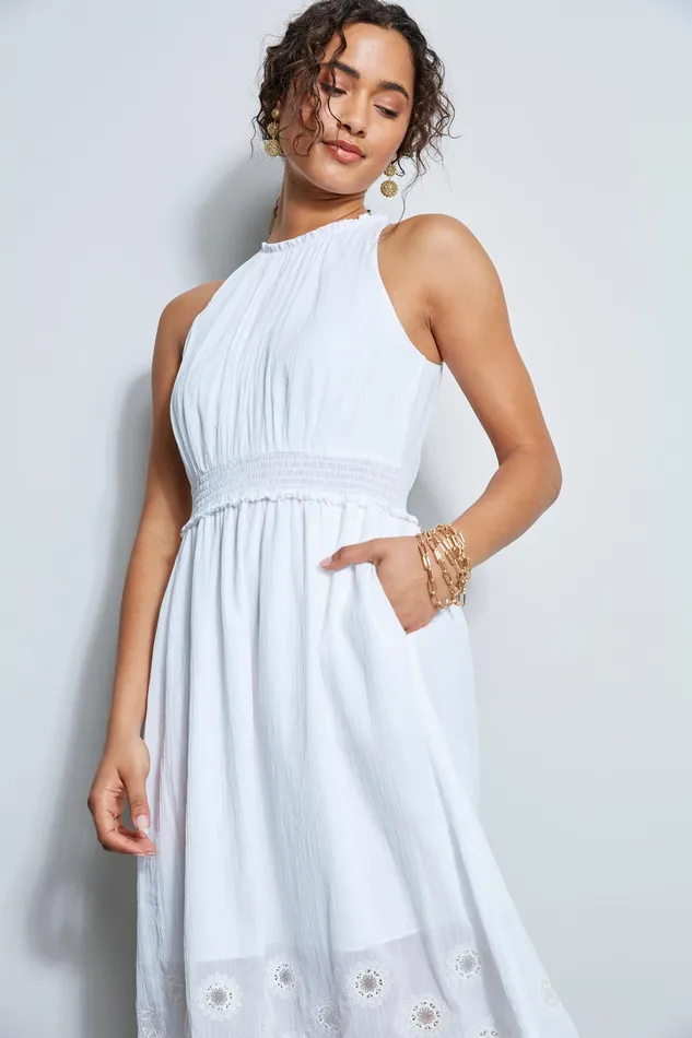 Midi Dresses Women Elie Tahari Embroidered Hem Midi Dress WHITE