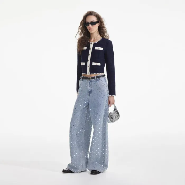 Navy Crochet Contrast Trim Cardigan Women Self Portrait Tops Navy Crochet Contrast Trim Cardigan Women Self Portrait Tops