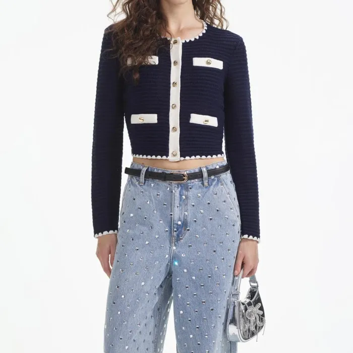 Navy Crochet Contrast Trim Cardigan Women Self Portrait Tops Navy Crochet Contrast Trim Cardigan Women Self Portrait Tops