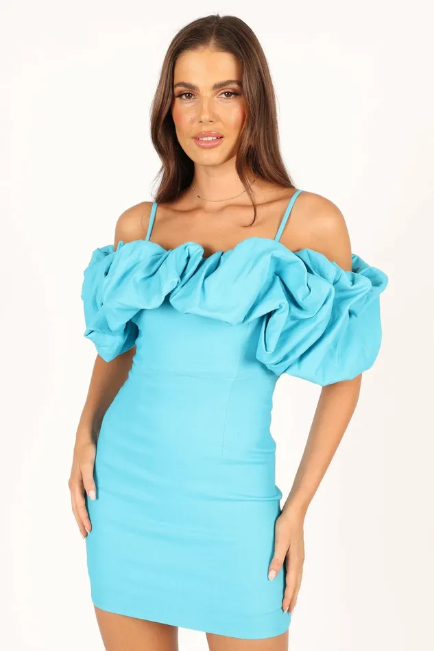 Off The Shoulder Dresses Petal and Pup Women Sia Ruffle Mini Dress Aqua