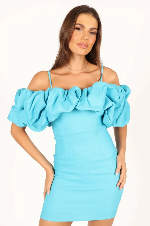 Off The Shoulder Dresses Petal and Pup Women Sia Ruffle Mini Dress Aqua