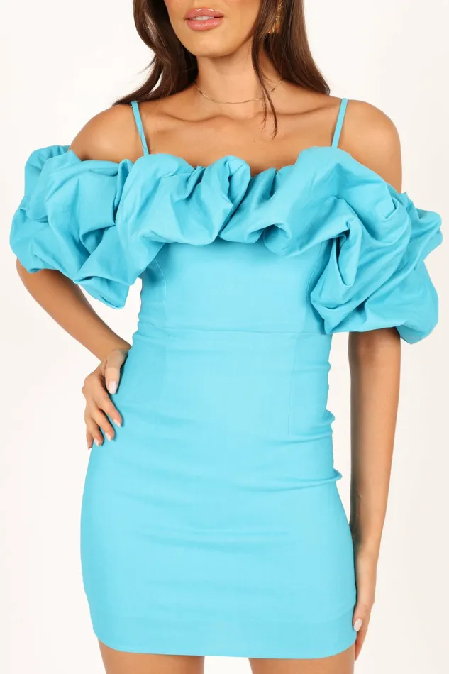 Off The Shoulder Dresses Petal and Pup Women Sia Ruffle Mini Dress Aqua