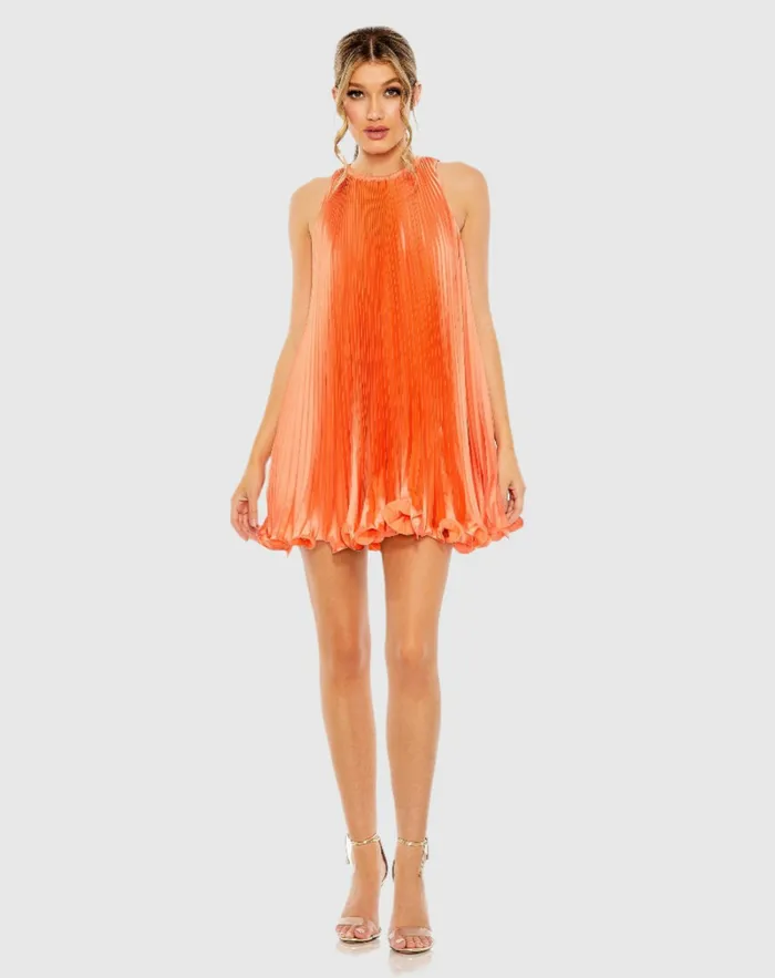 Orange Pleated Halter Neck Flowy Mini Trapeze Dress Tangerine Cocktail Dresses Mac Duggal Women Orange Pleated Halter Neck Flowy Mini Trapeze Dress Tangerine Cocktail Dresses Mac Duggal Women