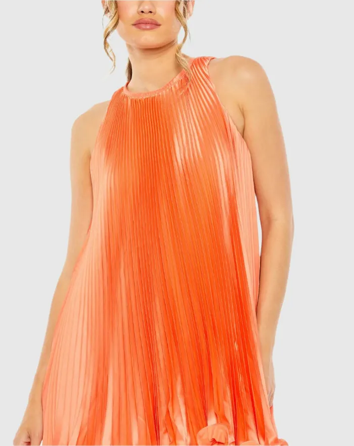 Orange Pleated Halter Neck Flowy Mini Trapeze Dress Tangerine Cocktail Dresses Mac Duggal Women